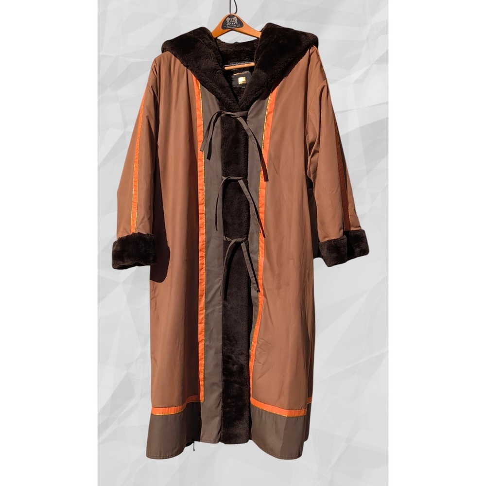 Vintage Women's Coat Gebhardt Nino Hooded Faux Shearling Boho Tie Front Parka